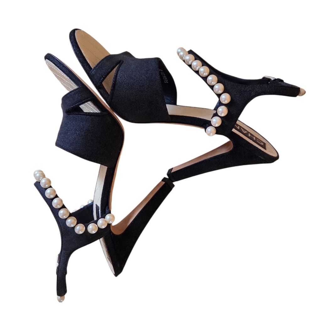 Chanel CC Logo Pearl Embellished Black Suede Slingback Heels EU 40 G29835 - Picture 9 of 13